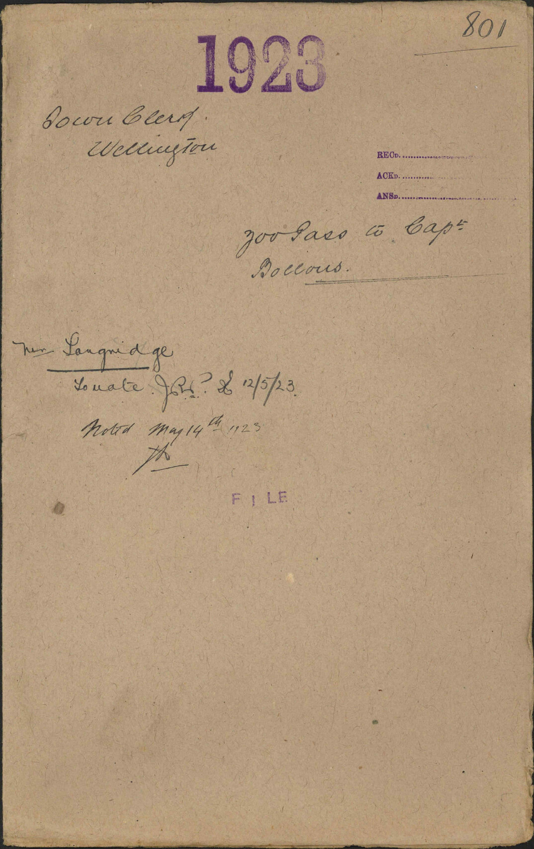 Zoo pass to Captain Bollons - Town Clerk, Wellington