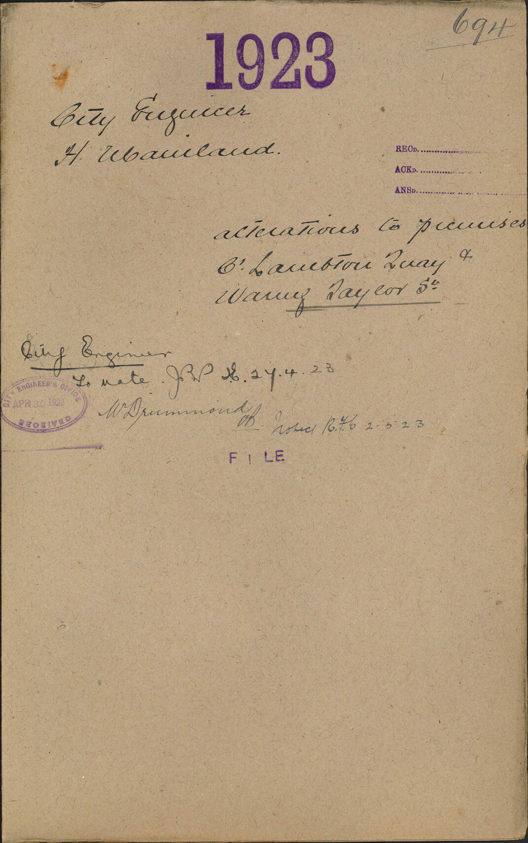 Alterations to premises, corner Lambton Quay and Waring Taylor Street - City Engineer and H Mainland