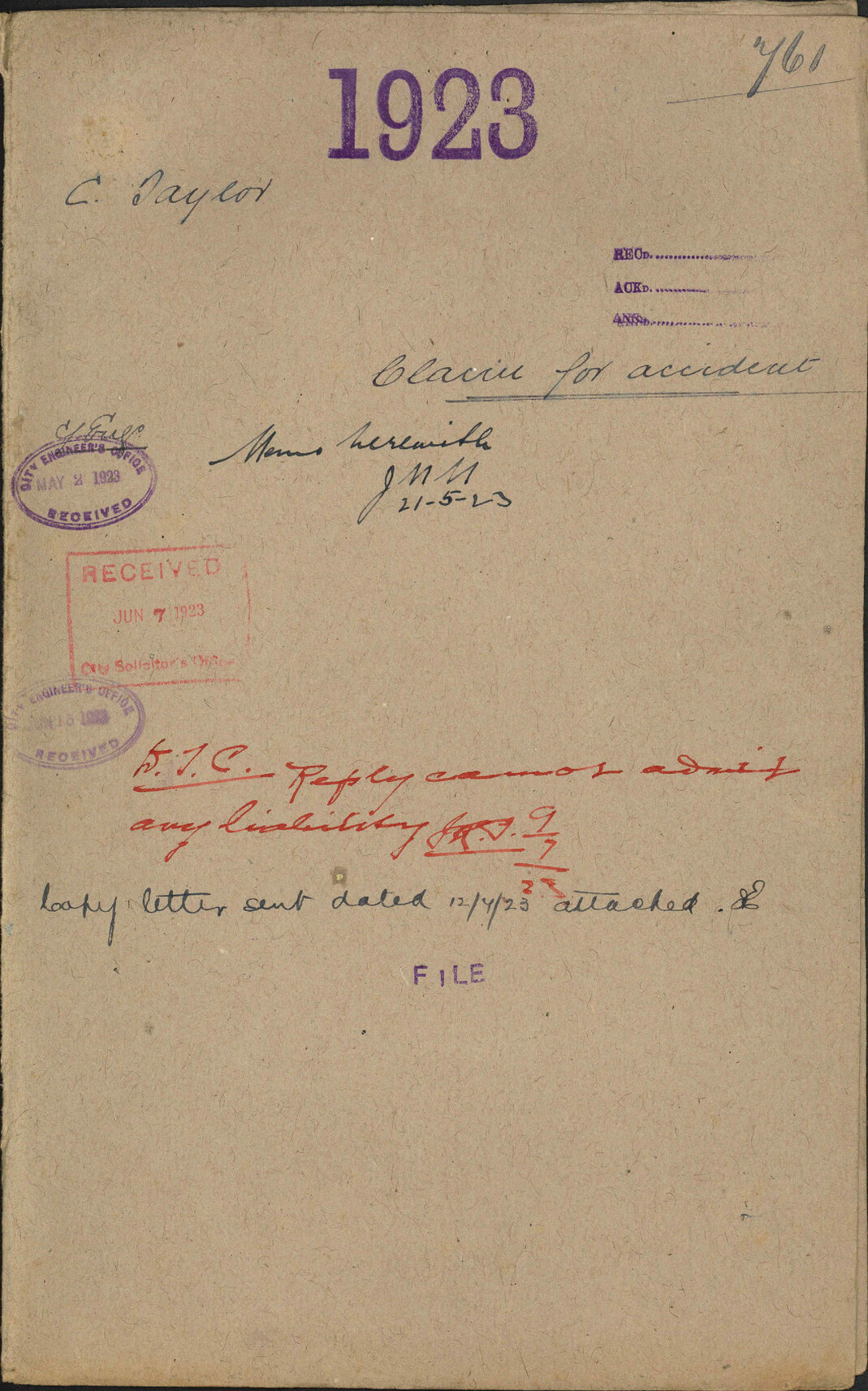Claim for accident - C Taylor