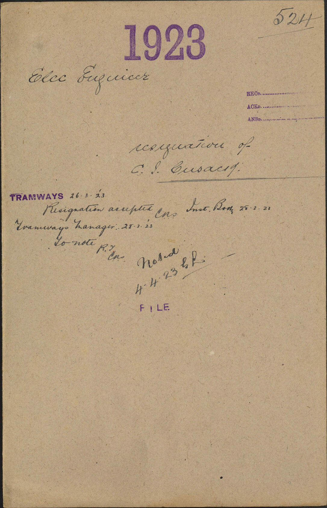 Resignation of C J Cusack - Electric Engineer