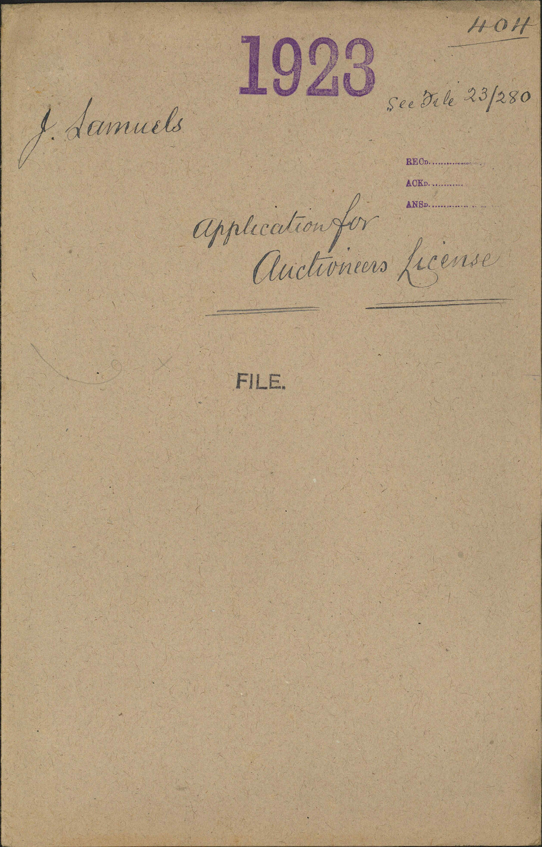 Application for auctioneers license - J Samuels