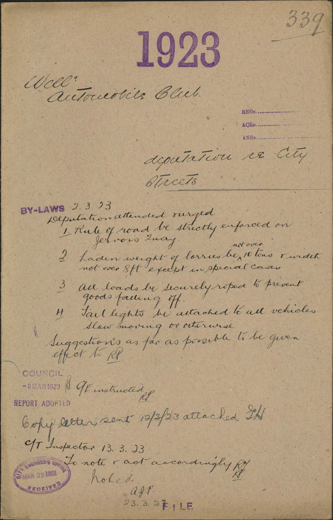 Deputation re city streets - Wellington Automobile Club