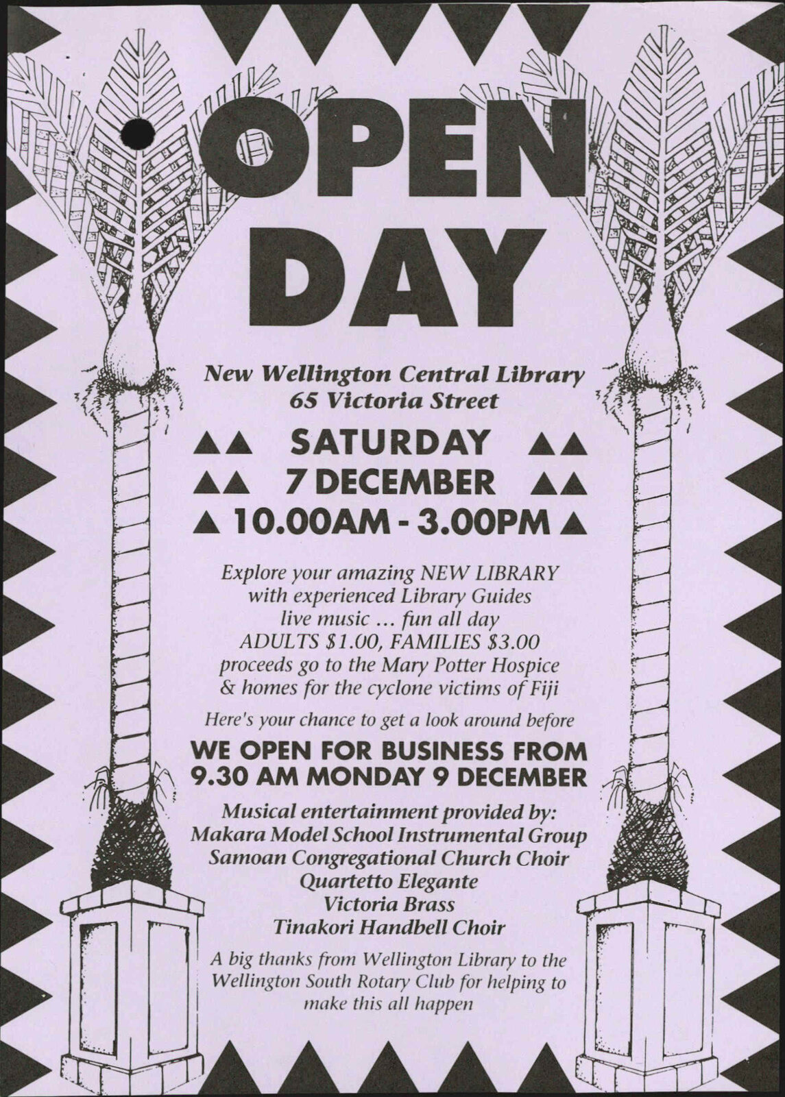Te Matapihi ki te Ao Nui, Central Library flyer for the open day on 7 December 1991