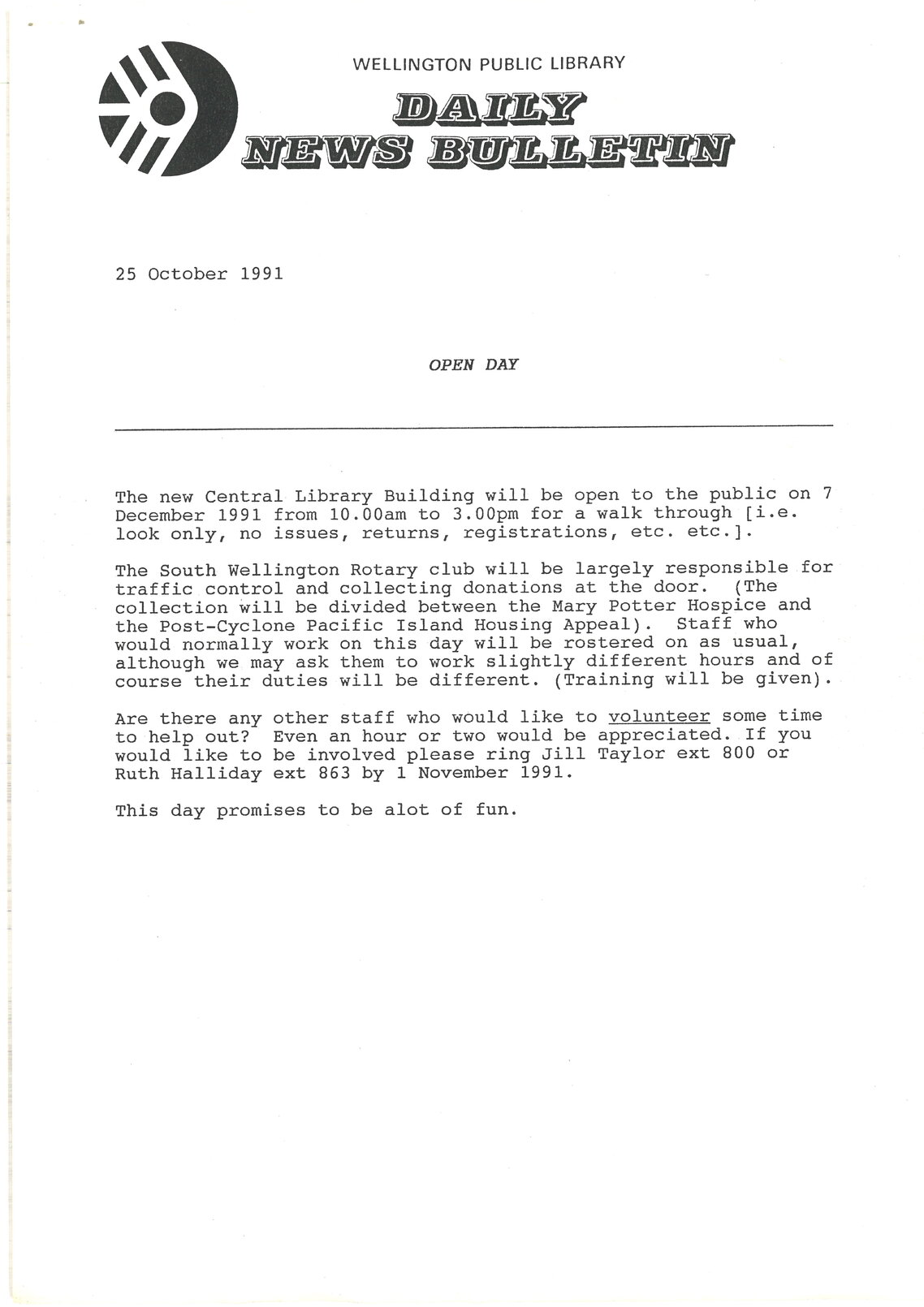 Wellington Public Library, Daily News Bulletin, 25 October 1991