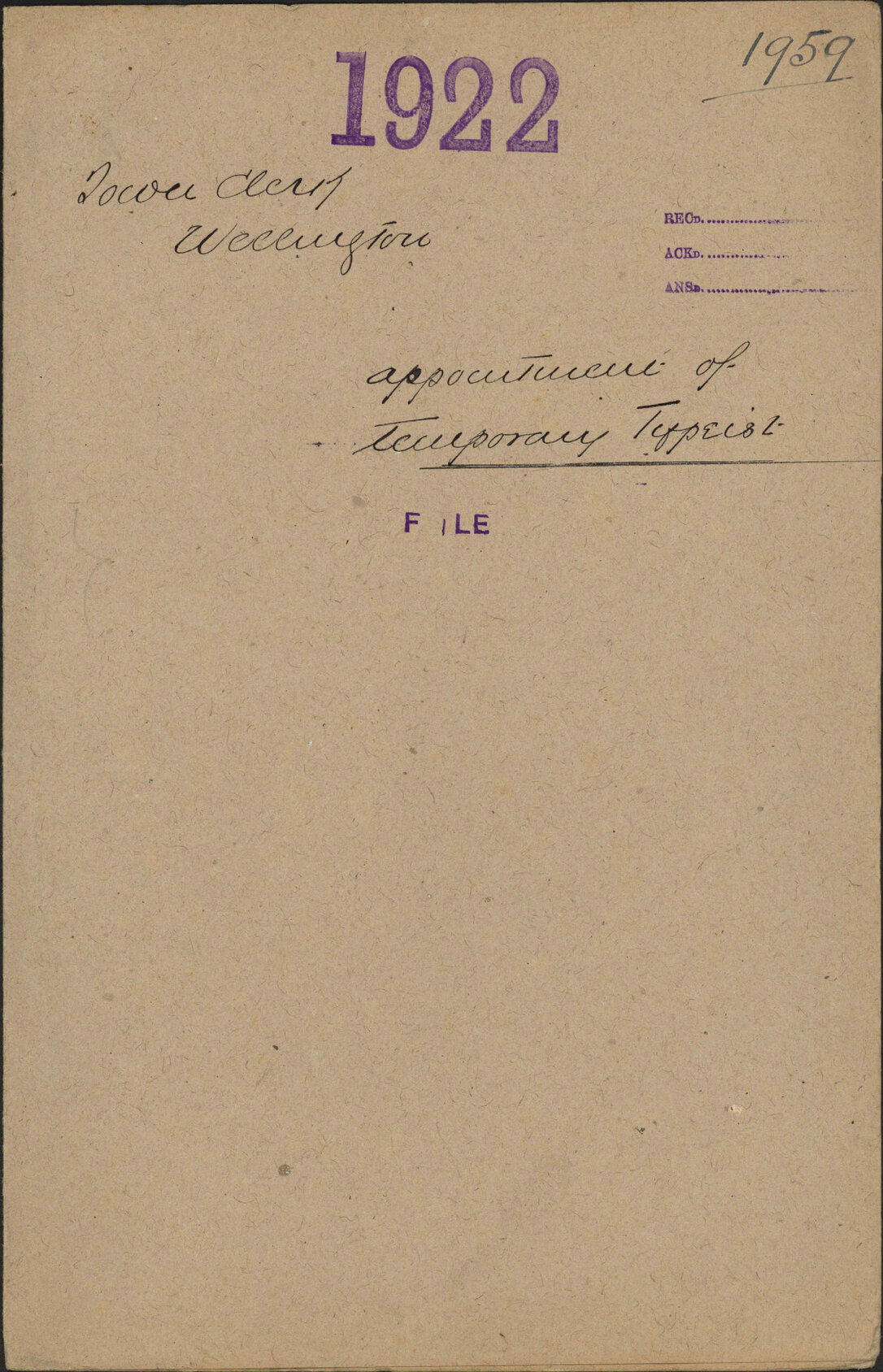 Appointment of temporary typist - Town Clerk, Wellington