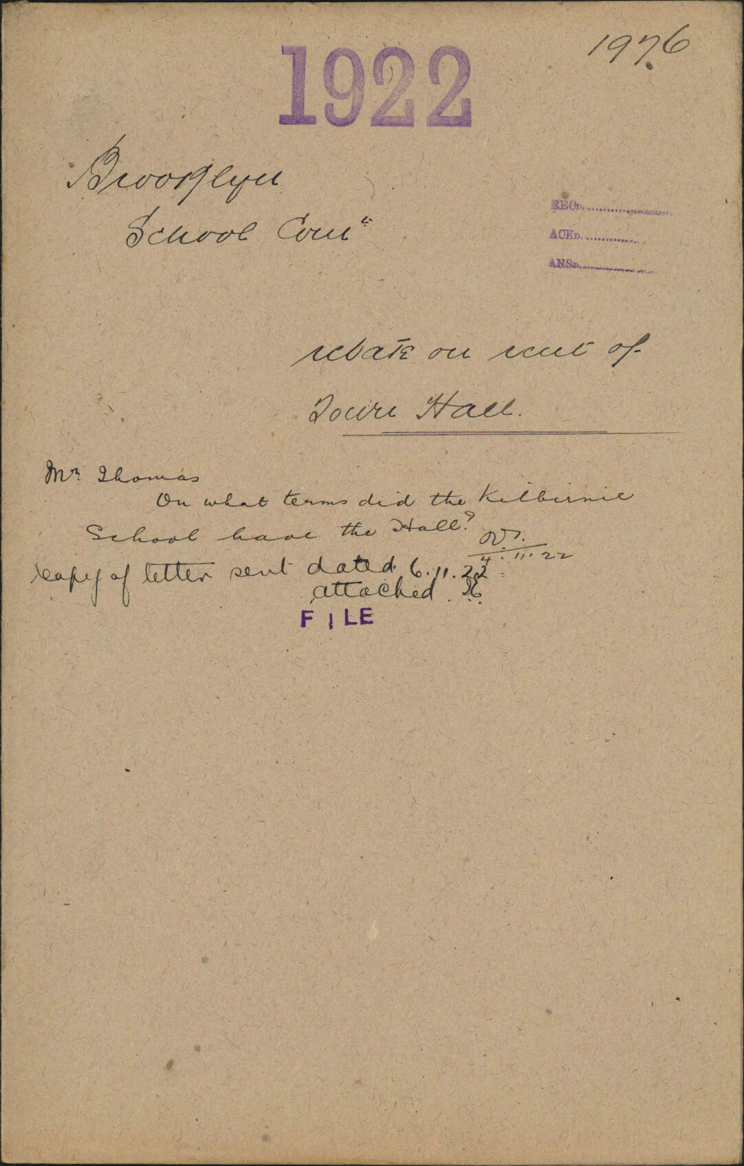 Rebate on rent of Town Hall - Brooklyn School Committee