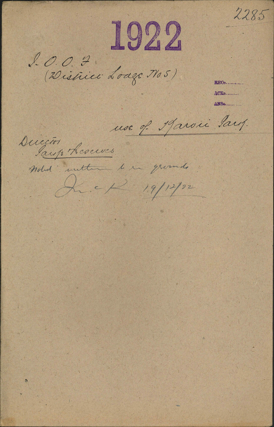 Use of Karori Park - International Order of Odd Fellows (District Lodge No 5)