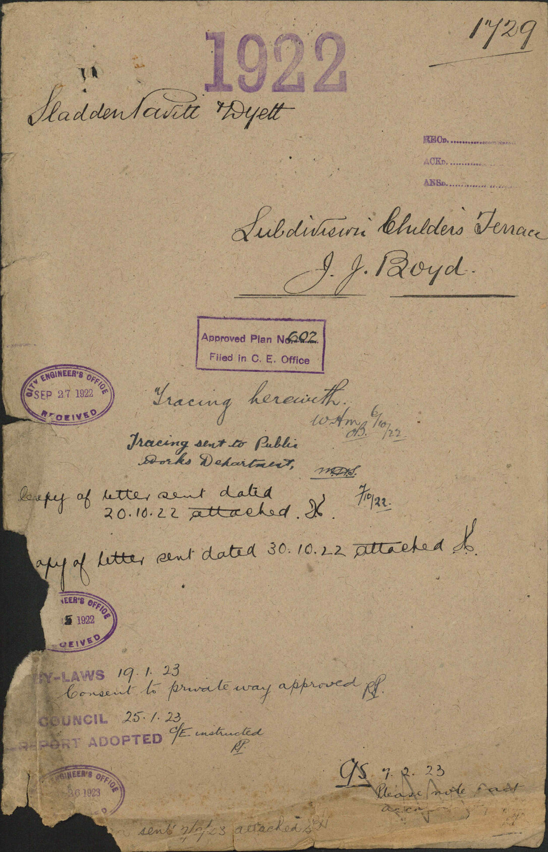 Subdivision, Childers Terrace, J J Boyd - Sladden, Pavitt and Dyett