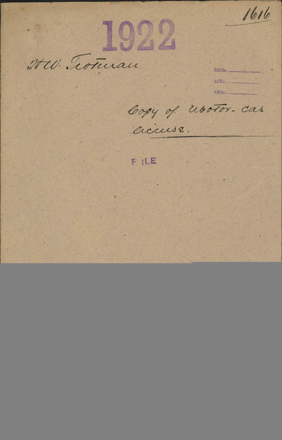 Copy of motor car license - H W Trotman