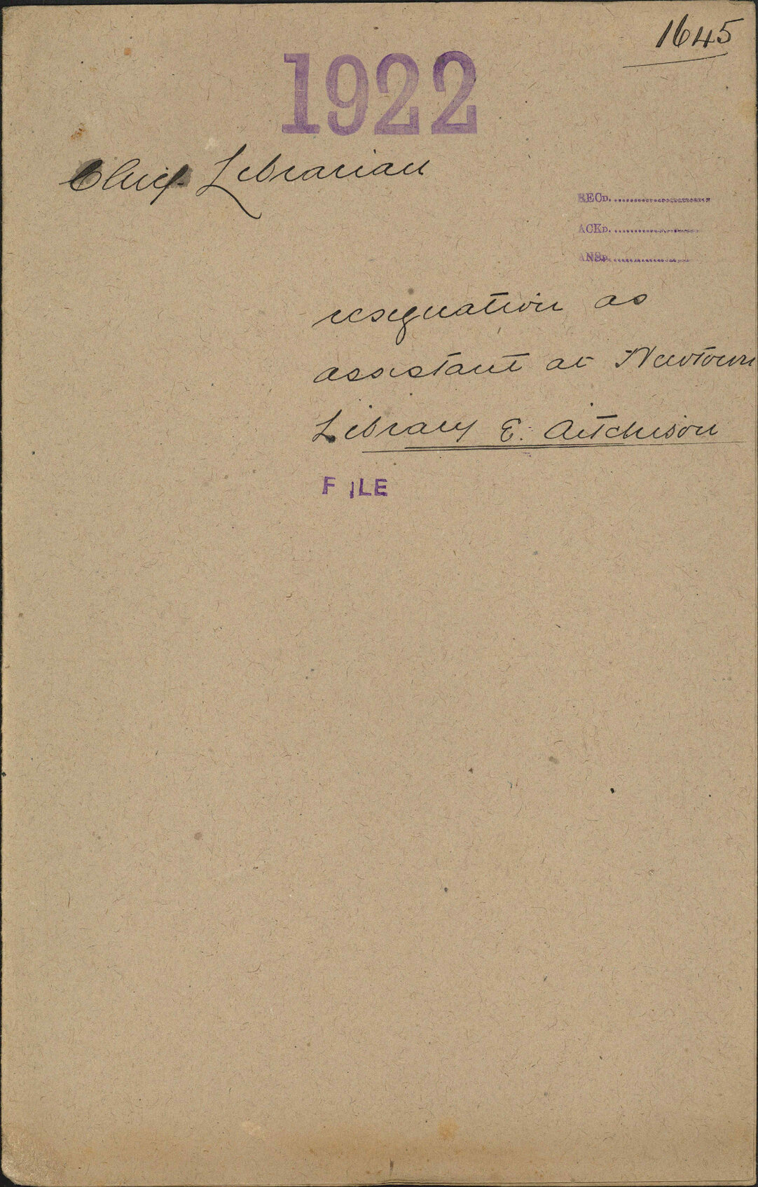 Resignation as assistant at Newtown Library, E Aitchison - Chief Librarian