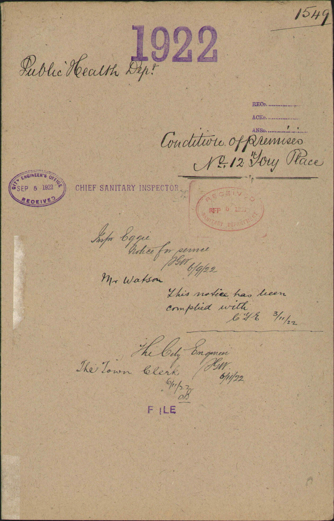 Condition of premises, No 12 Tory Place - Public Health Department