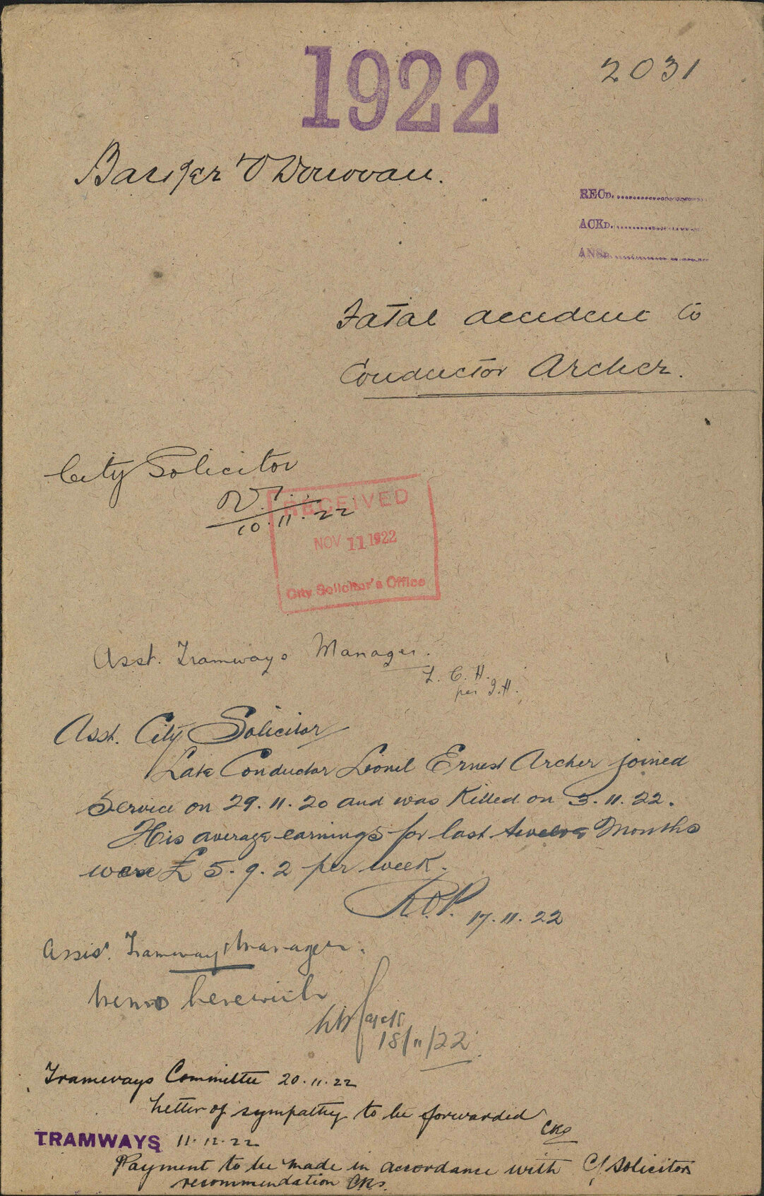 Fatal accident to Conductor Archer - Barker and O'Donovan