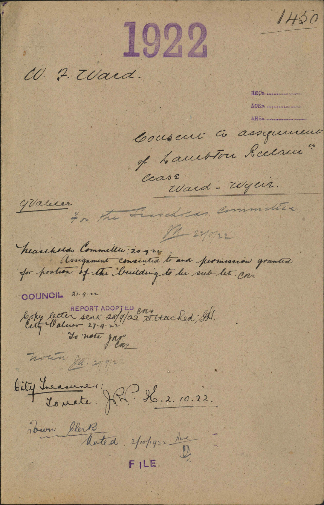 Consent to assignment of Lambton reclamation lease, Ward to Wylie - W F Ward