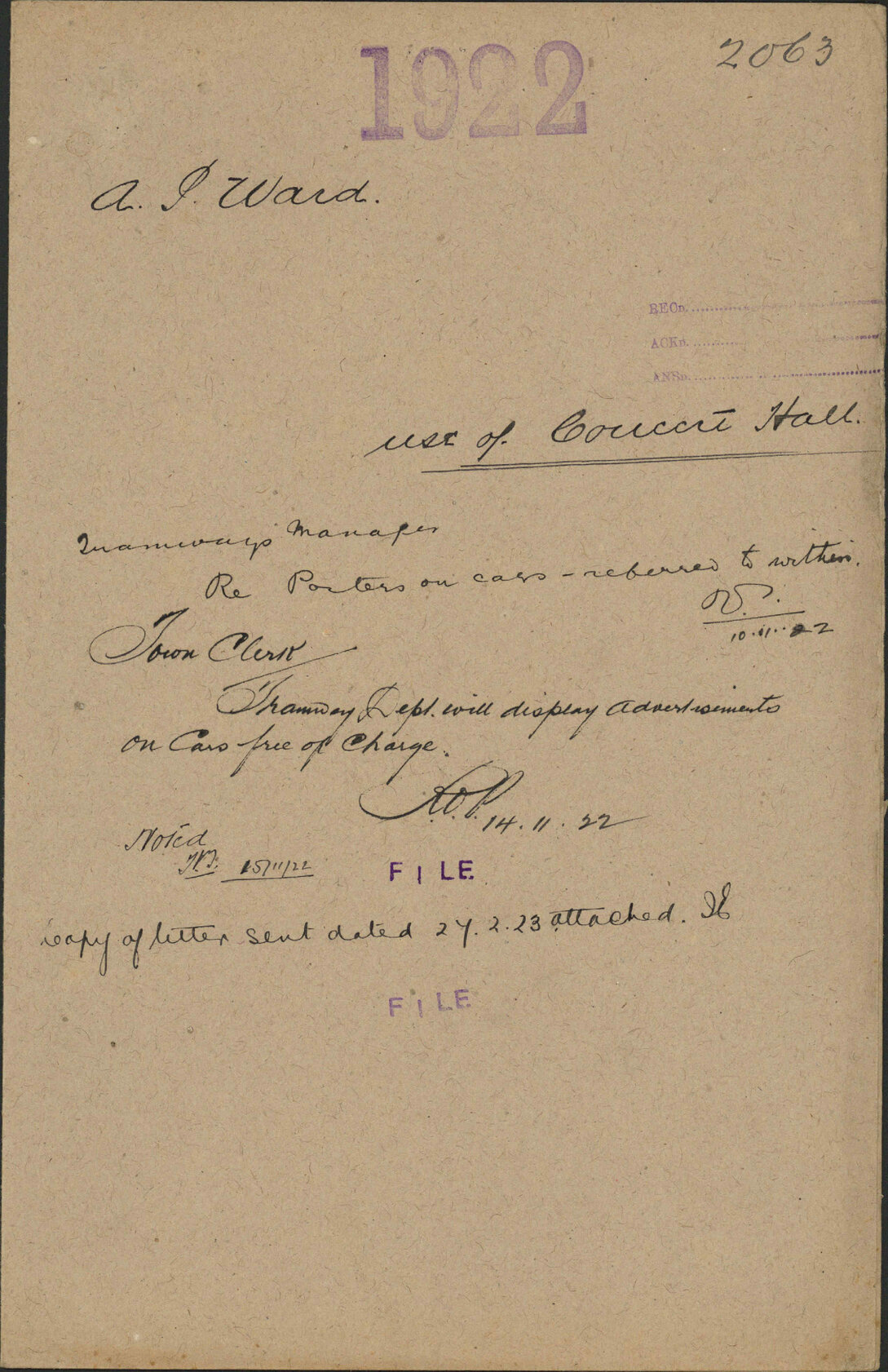 Use of concert hall - A P Ward