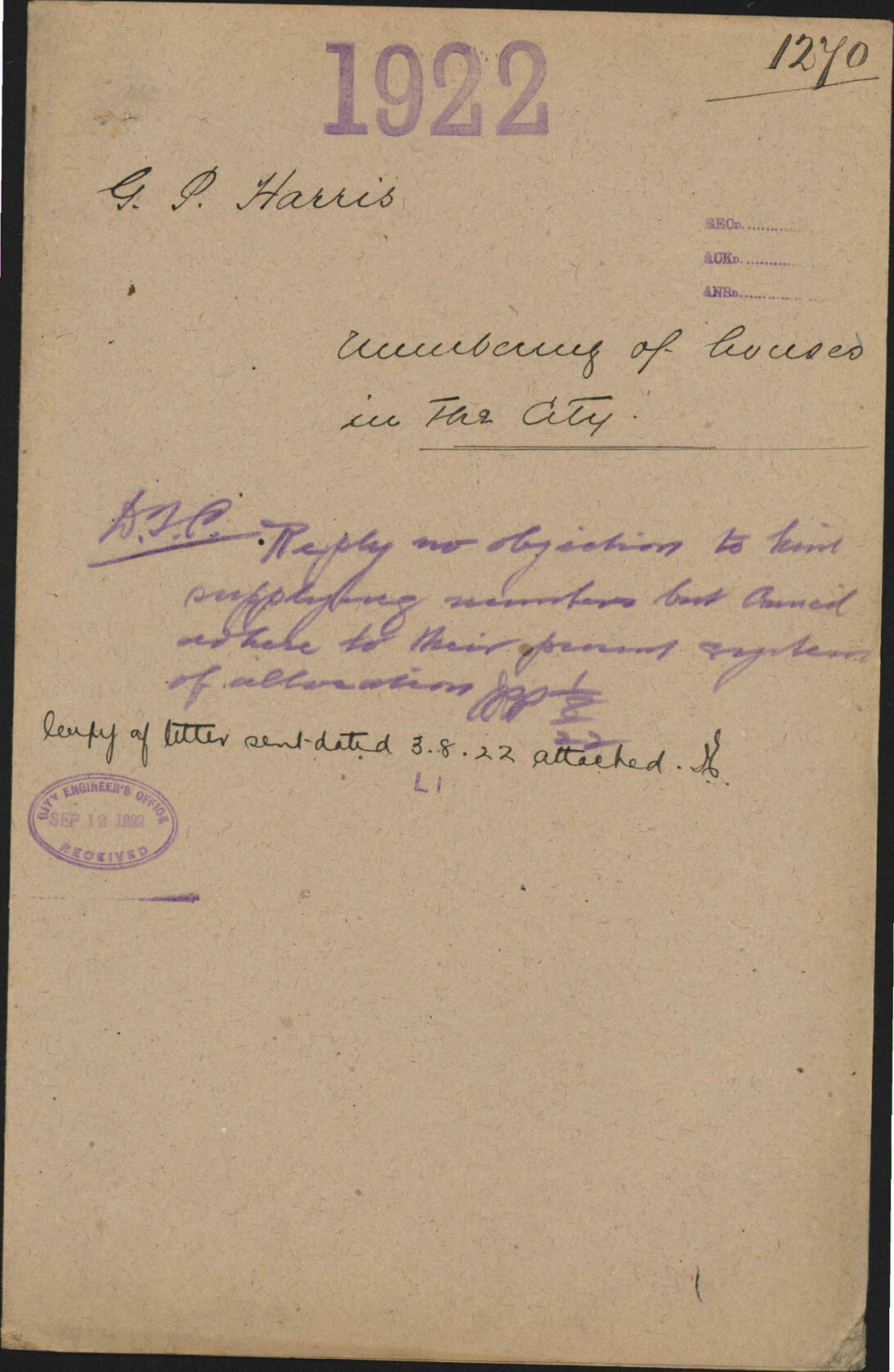Numbering of houses in the city - G P Harris