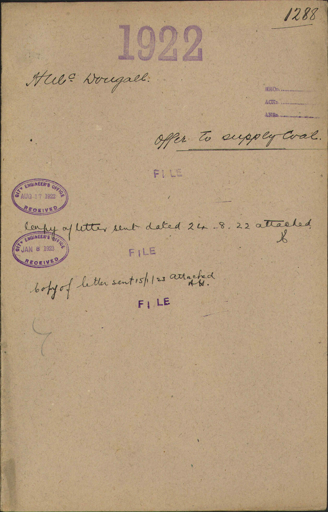 Offer to supply coal - H McDougall