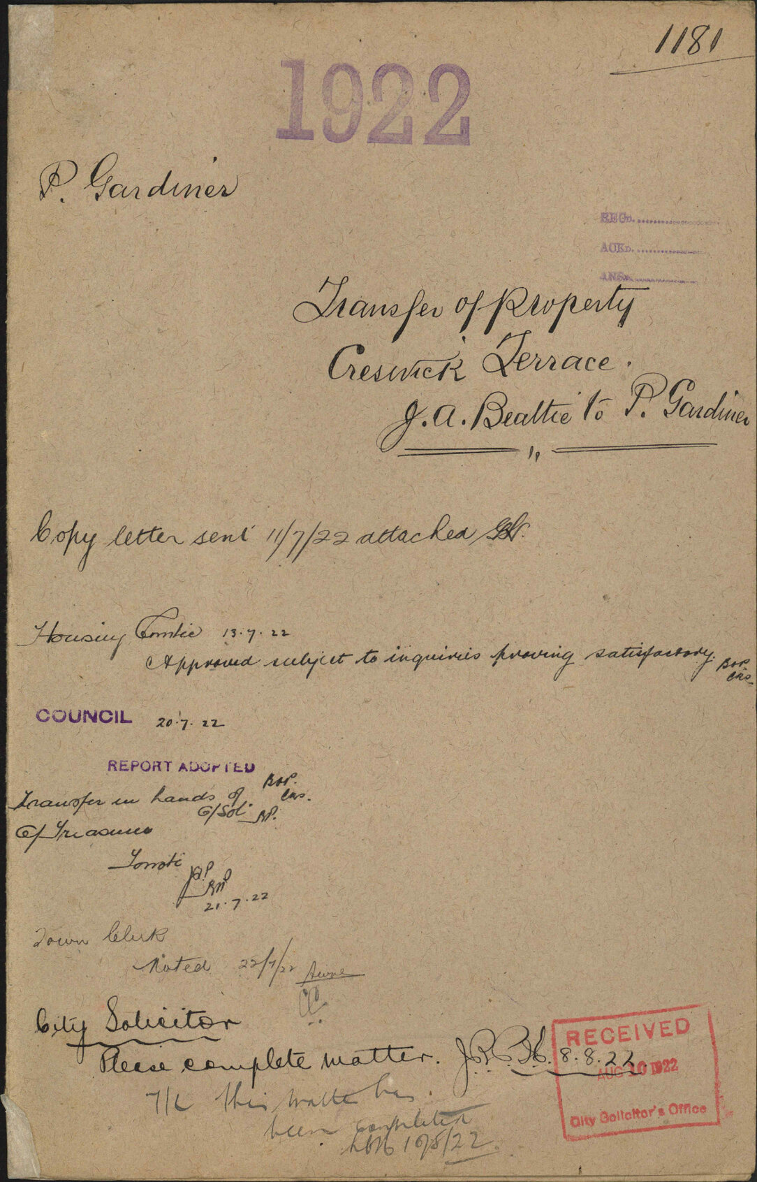 Transfer of property, Creswick Terrace, J A Beattie to P Gardiner - P Gardiner