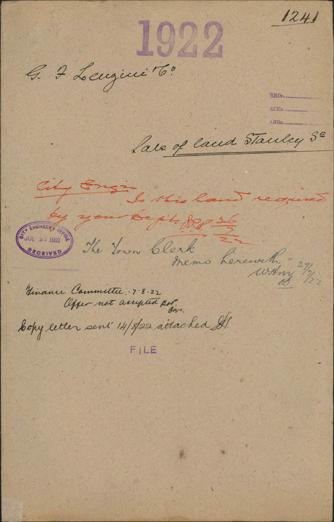 Sale of land, Stanley Street - G F Lenzini and Company