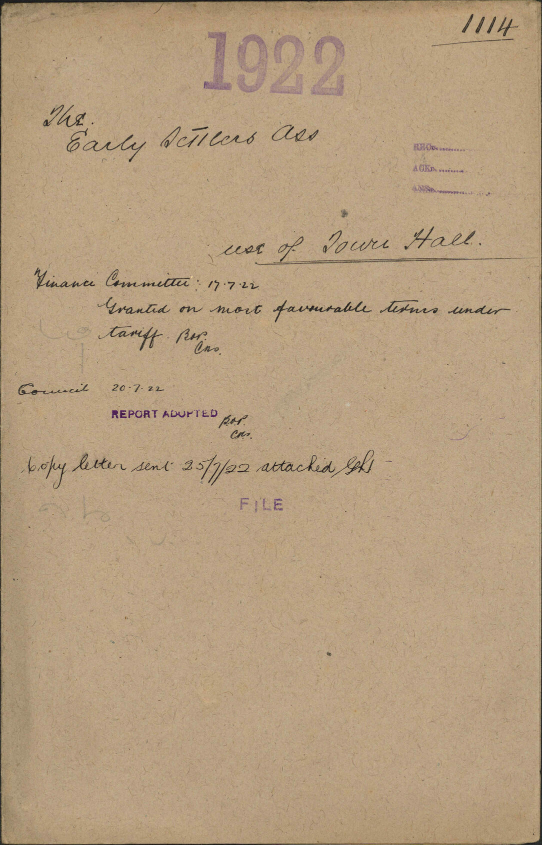 Use of Town Hall - The Early Settlers Association