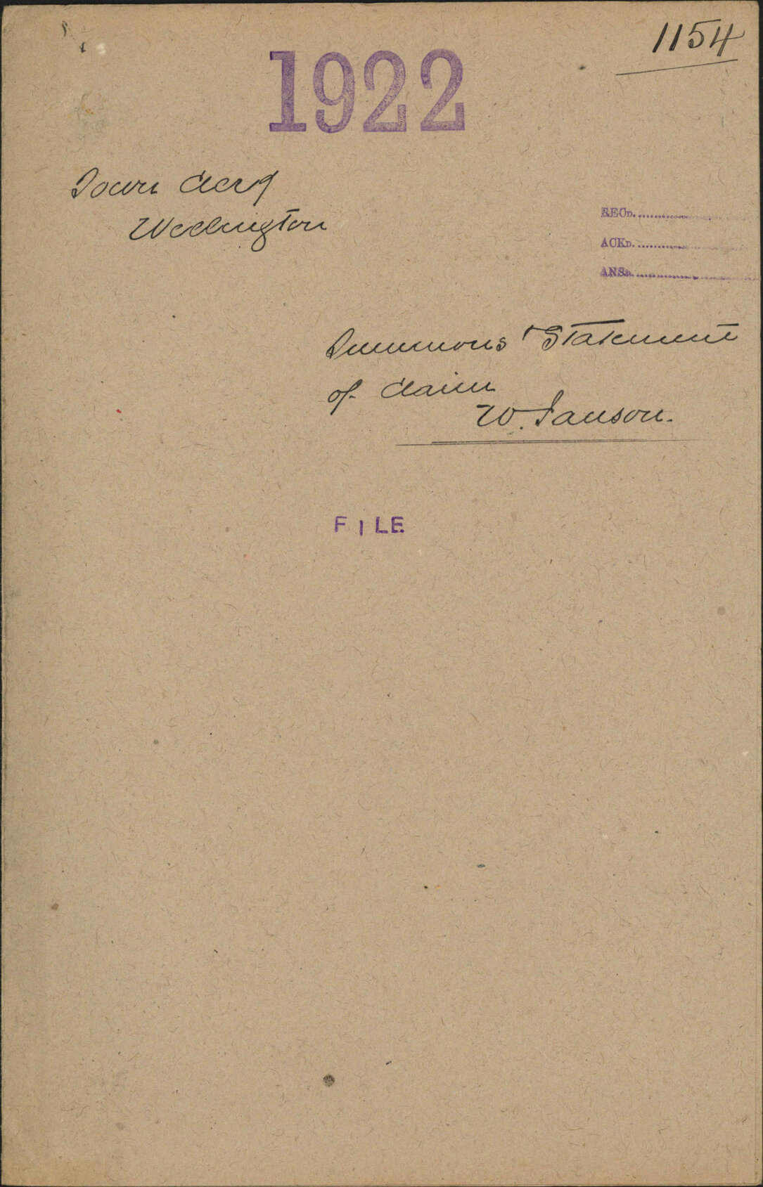 Summons and statement of claim, W Janson - Town Clerk, Wellington