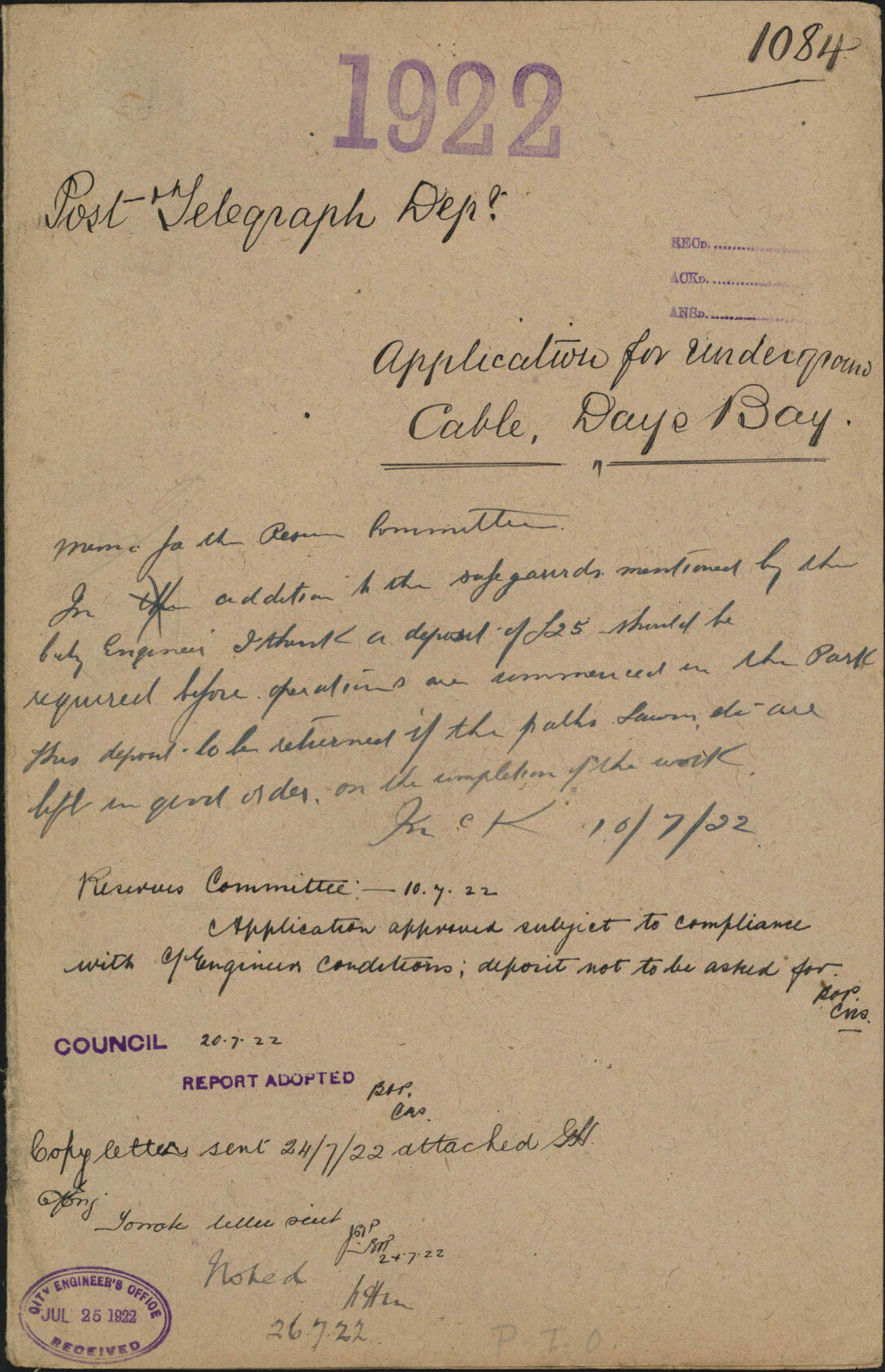 Application for underground cable, Day's Bay - Post and Telegraph Department