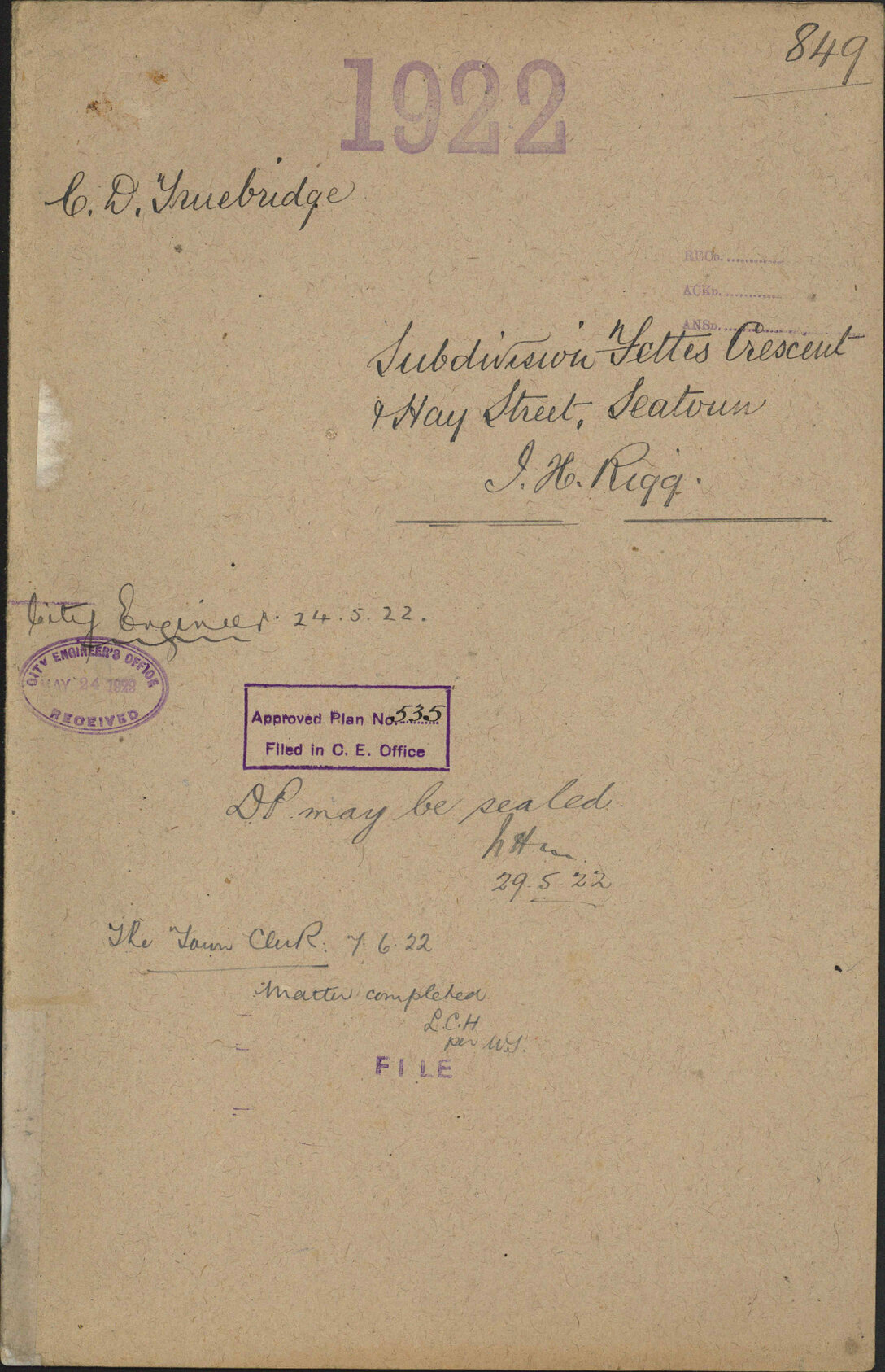 Subdivision, Fettes Crescent and Hay Street, Seatoun, J H Rigg - C D Truebridge
