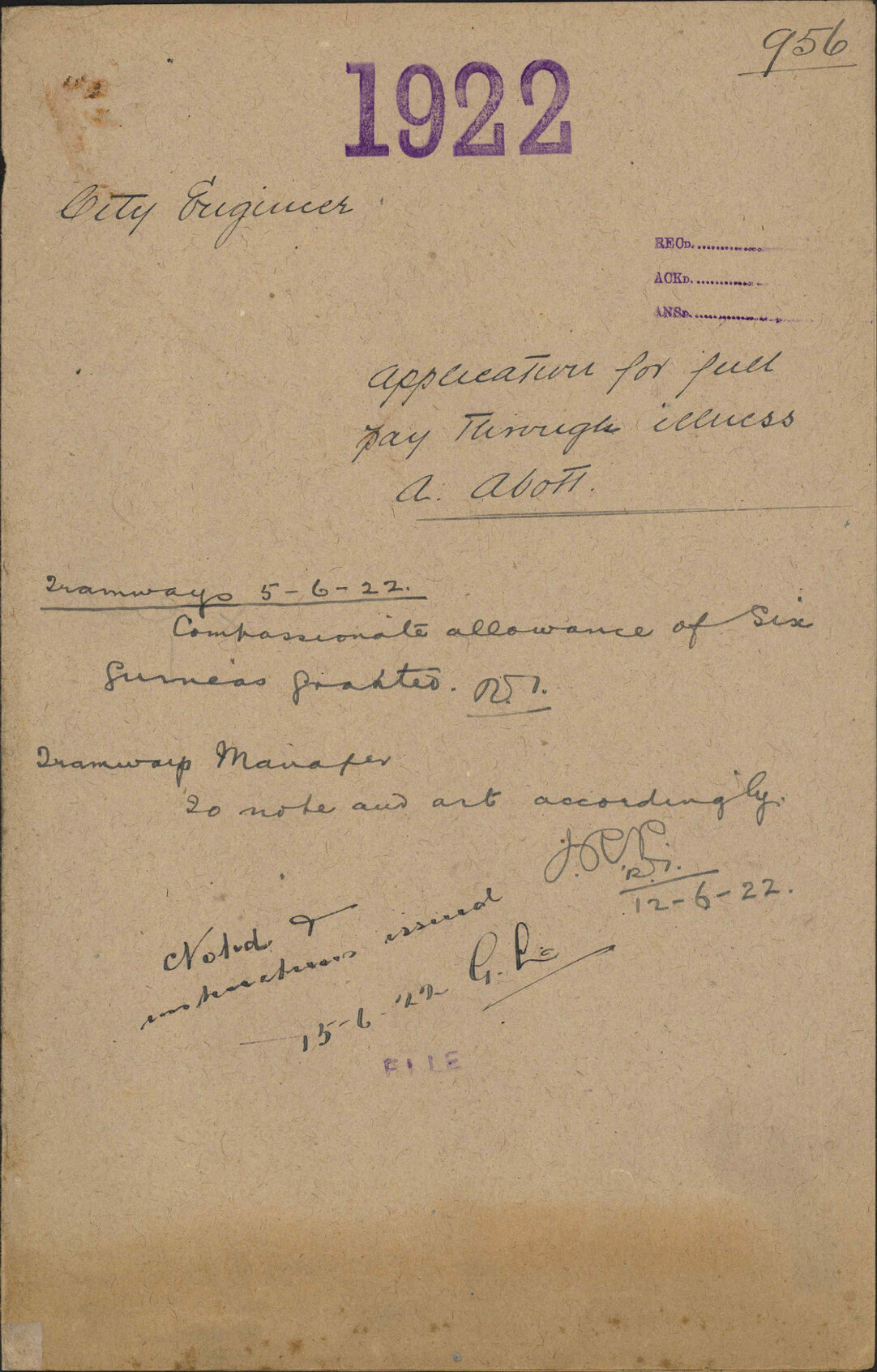 Application for full pay through illness, A Abott - City Engineer