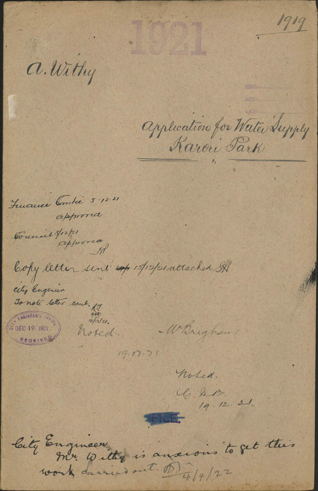 Applications for water supply, Karori Park - A Withy