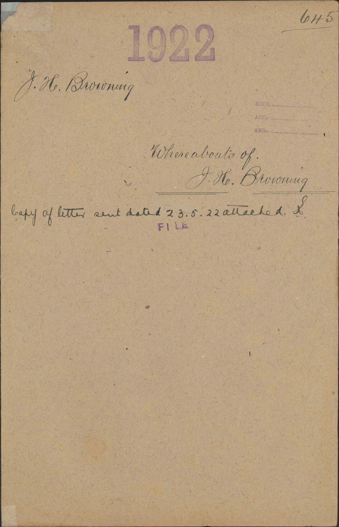 Whereabouts of J H Browning - J H Browning