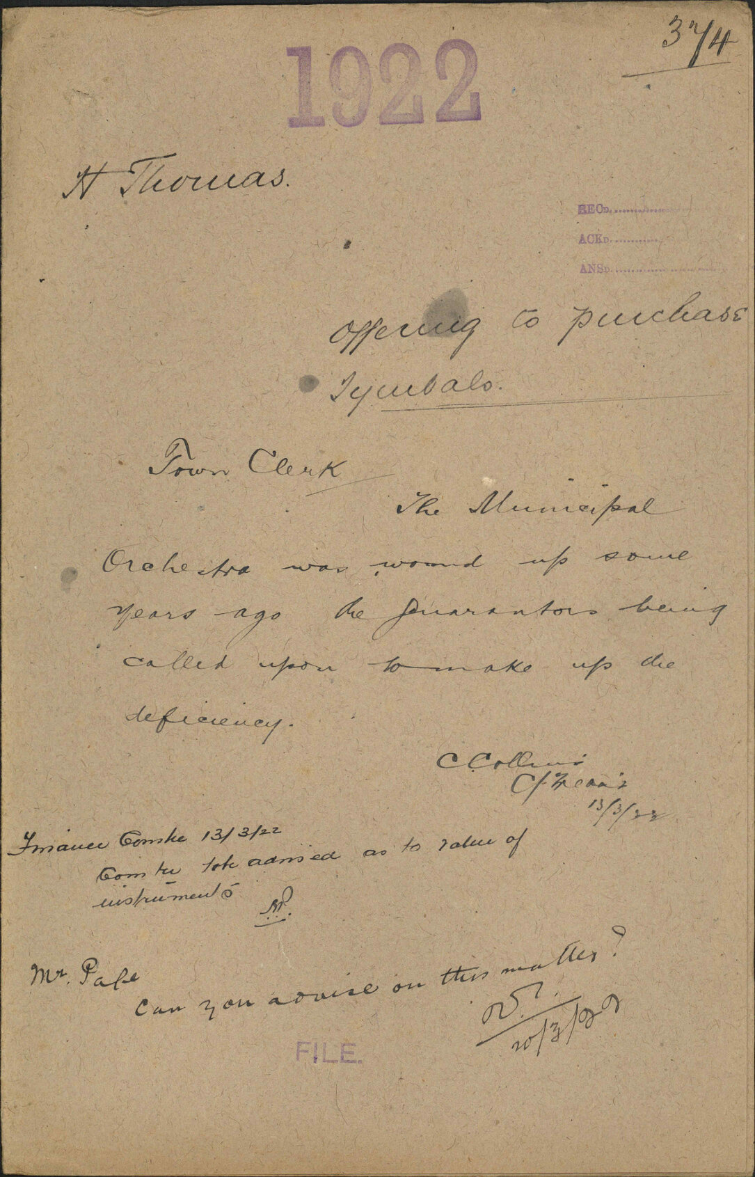 Offering to purchase tymbals - H Thomas