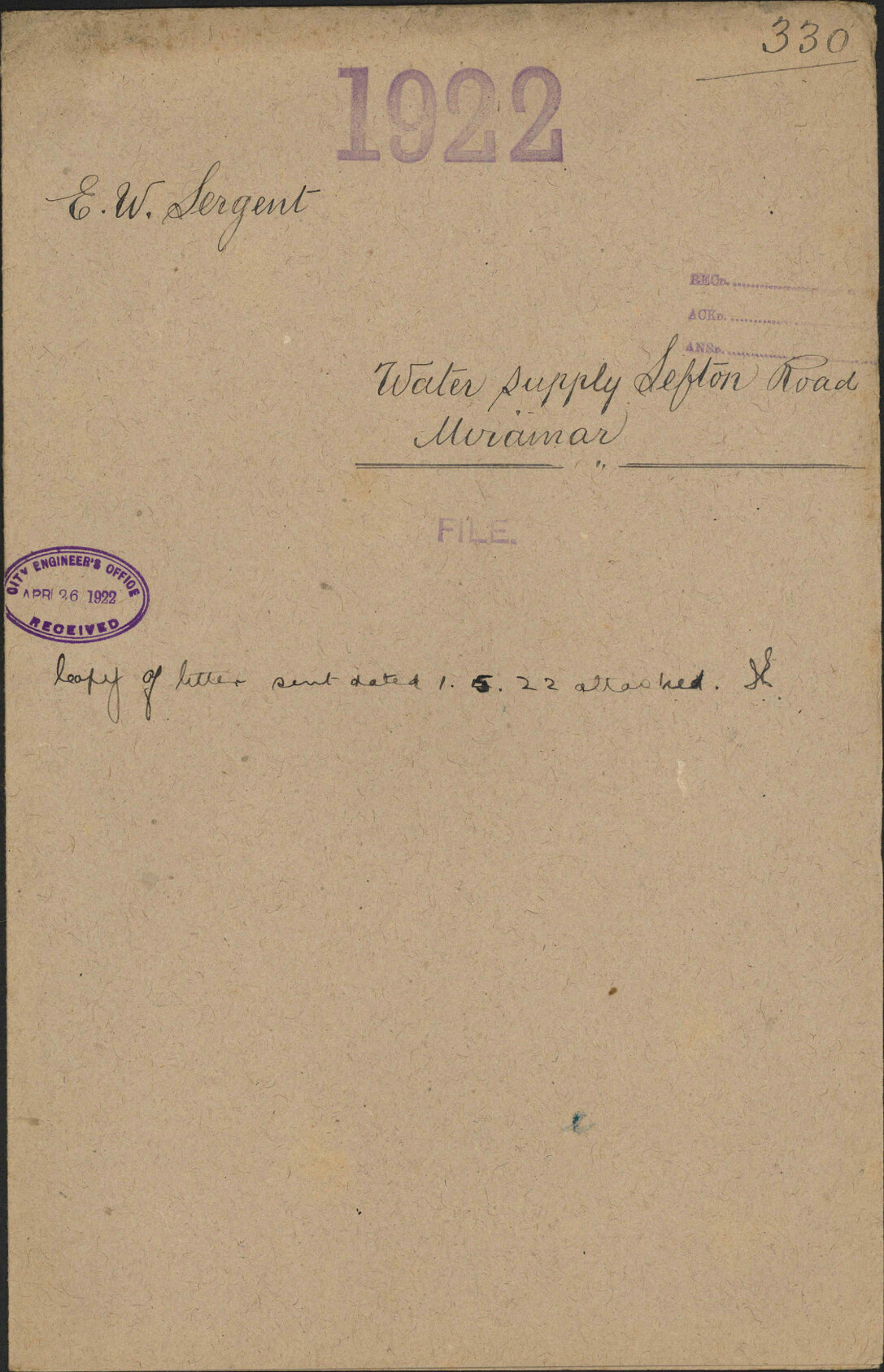 Water supply, Sefton Road, Miramar - E W Sergent