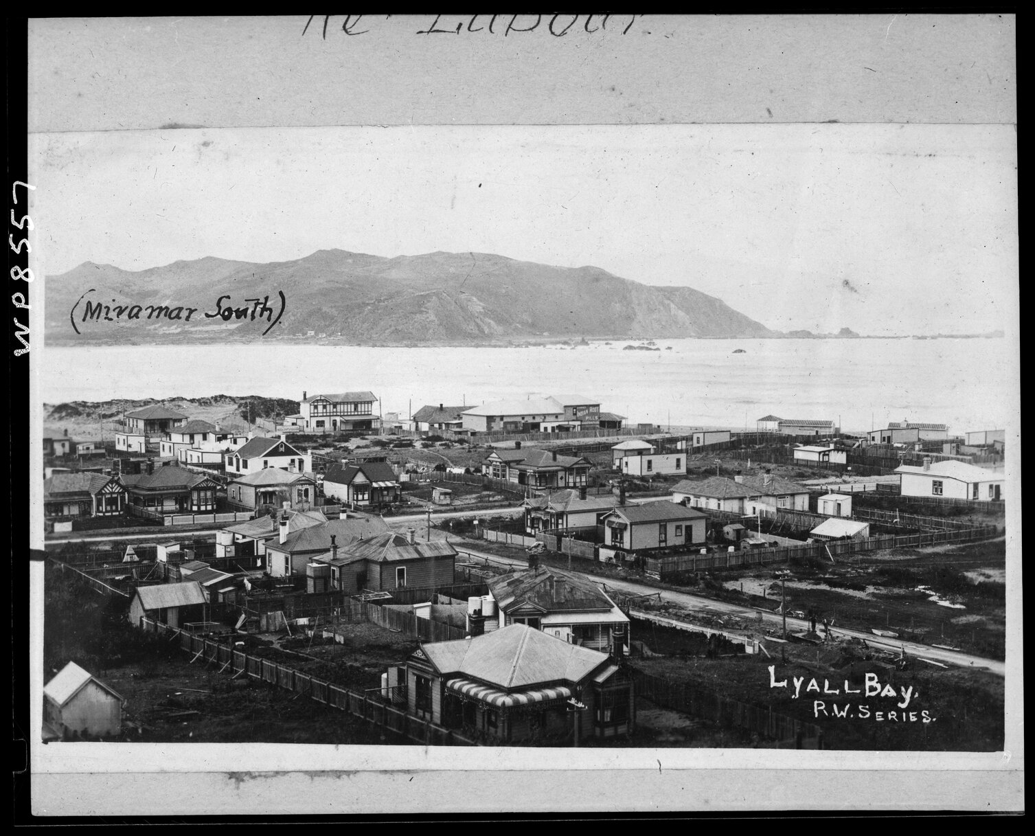 Lyall Bay, residential area in foreground, Moa Point in background