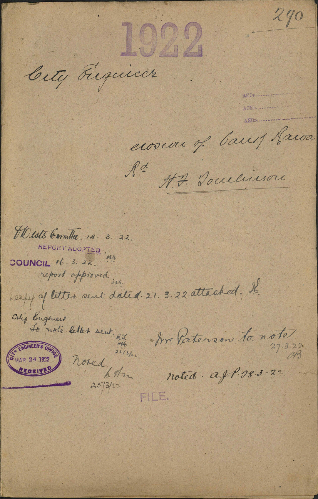 Erosion of bank, Raroa Road, H F Tomlinson - City Engineer