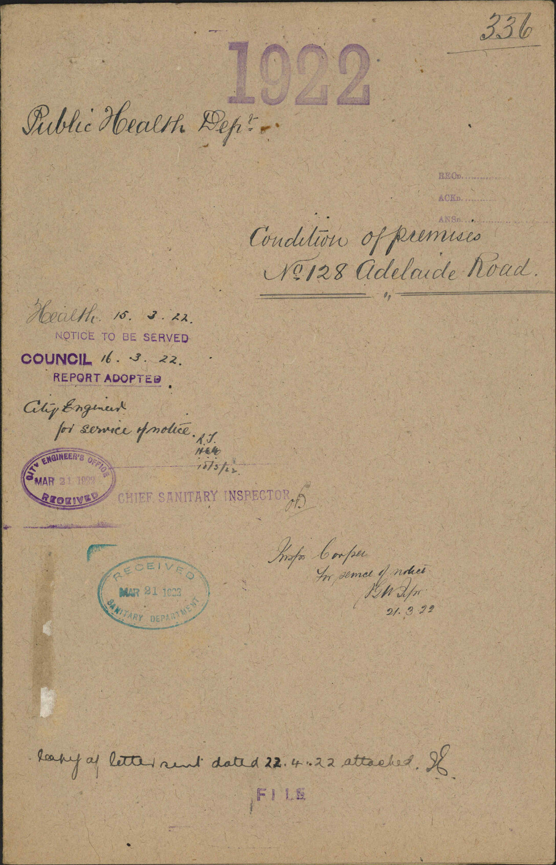 Condition of premises, No 128 Adelaide Road - Public Health Department