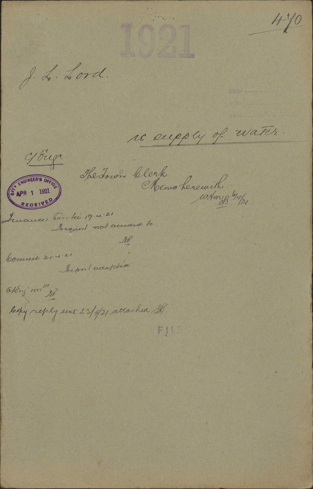 Re supply of water - J L Lord