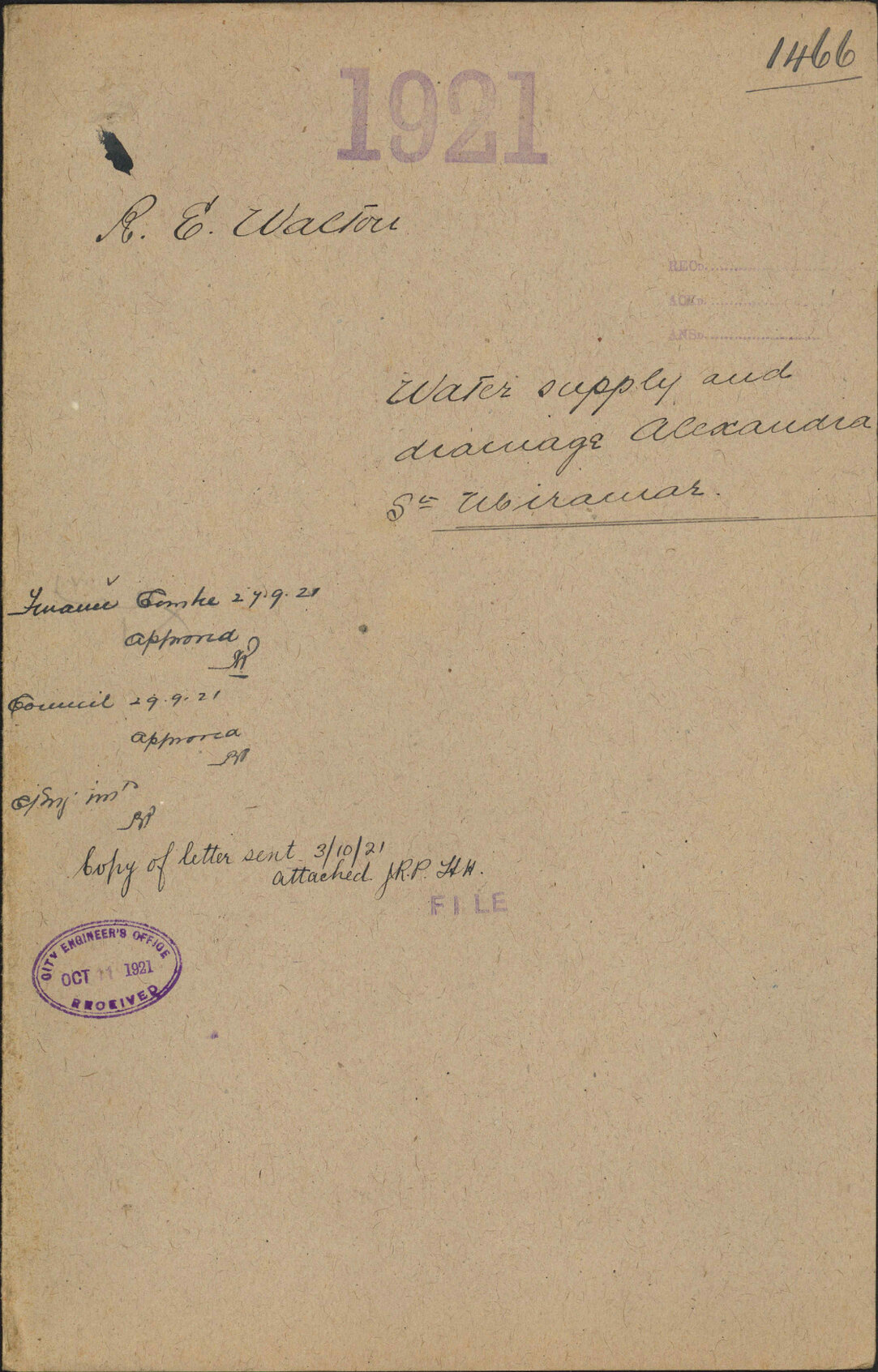 Water supply and drainage, Alexandra Street, Miramar - R E Walton