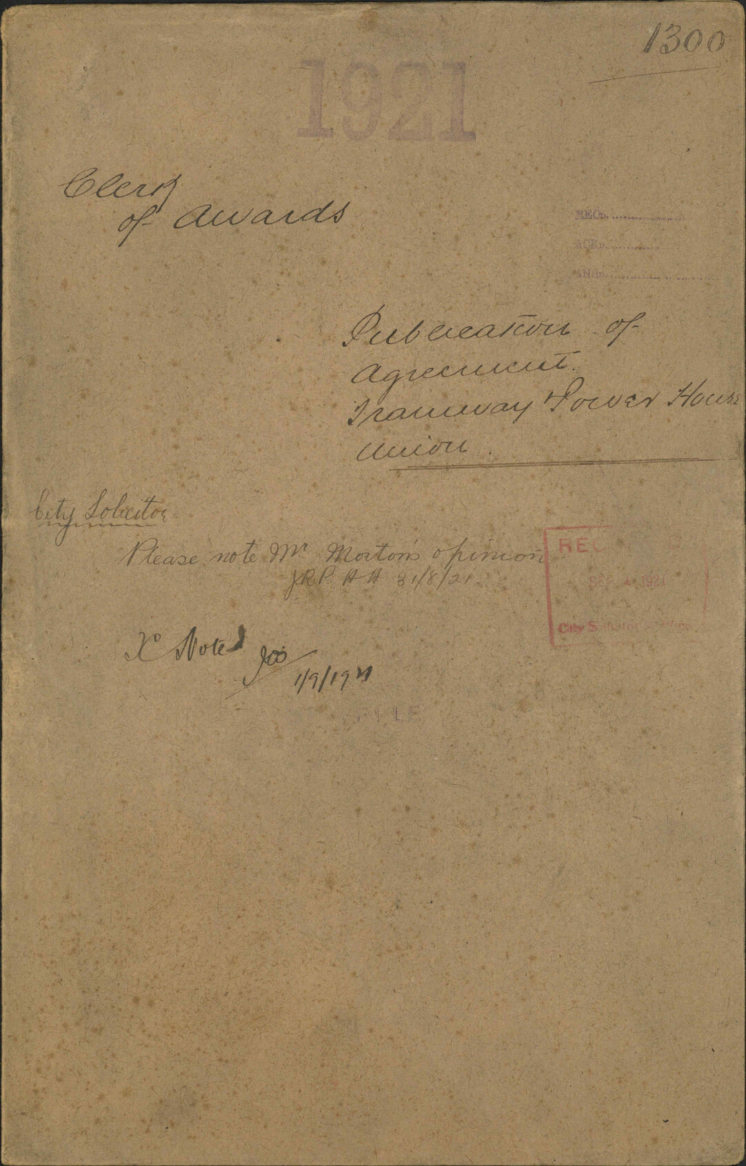 Publication of agreement, Tramway Power House Union - Clerk of Awards