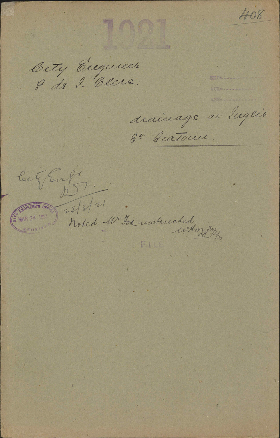 Drainage at Inglis Street, Seatoun - City Engineer; Frederick de Jersey Clere