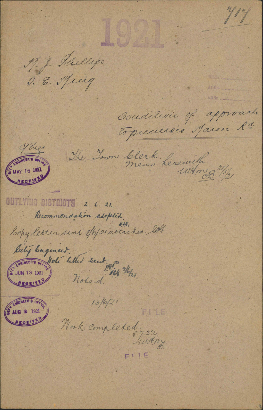 Condition of approach to premises, Karori Road - K J Phillips; T E King