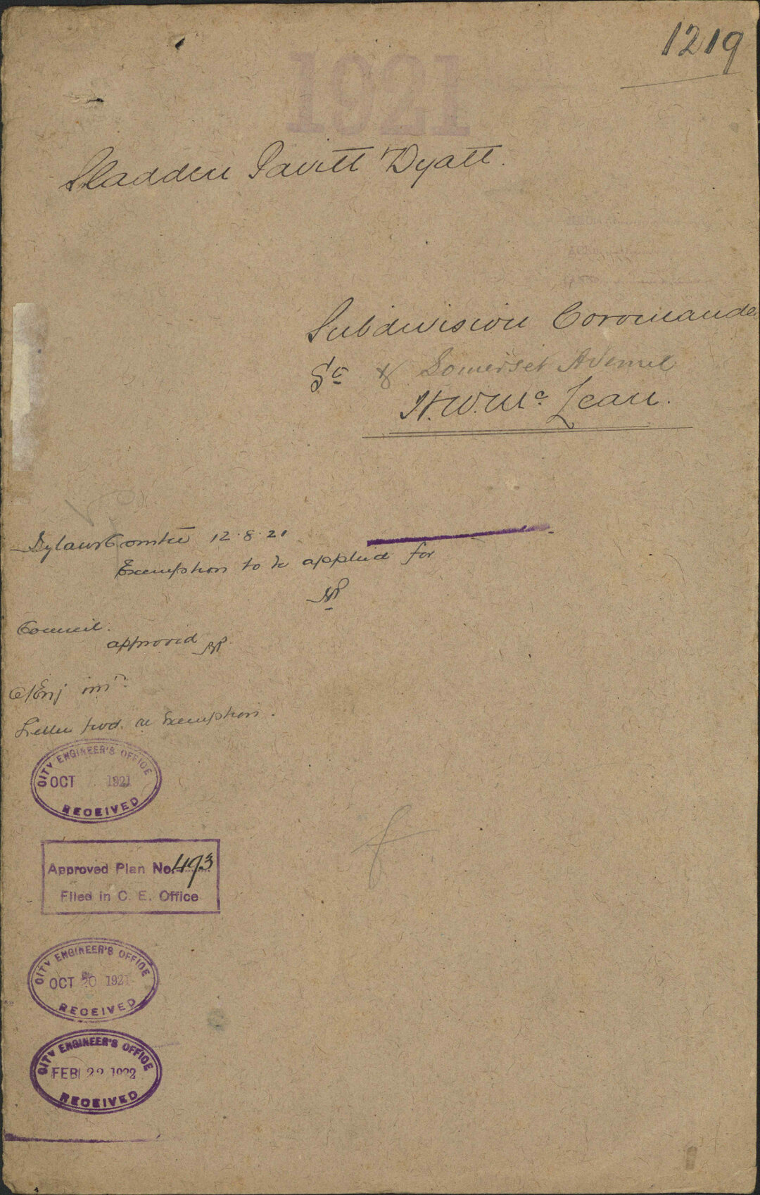 Subdivision, Coromandel Street and Somerset Avenue, H W McLean - Sladden, Pavitt and Dyett