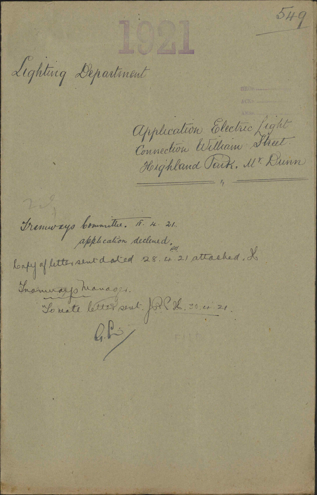 Application [for] electric light connection, William Street, Highland Park, Mr Dunn - Lighting Department