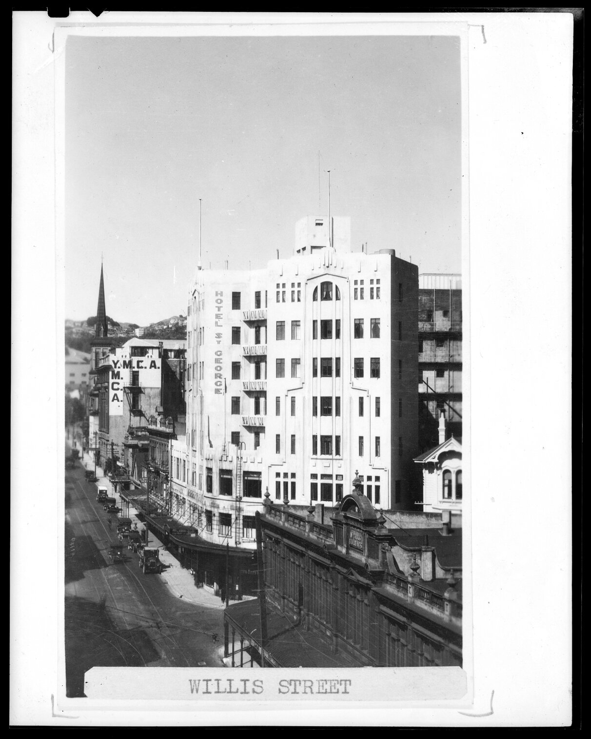 Elevated view of Hotel Saint George, corner of Boulcott Street and Willis Street