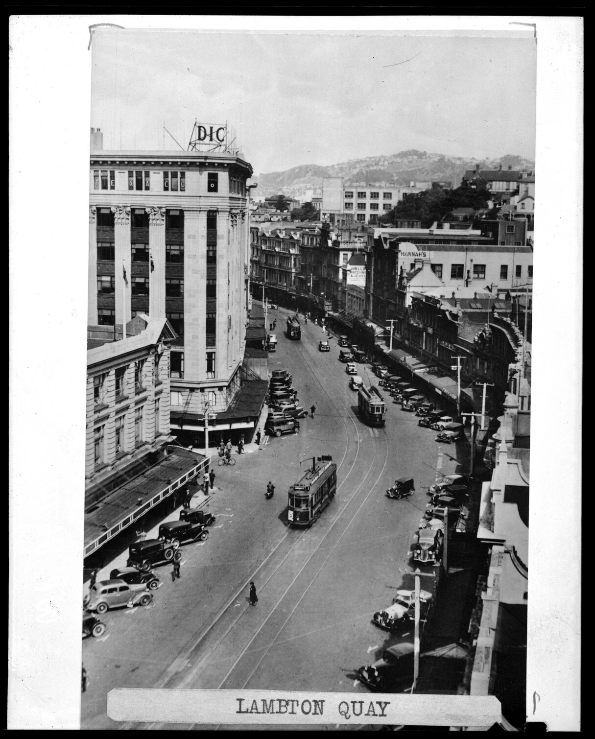 Elevated view of Lambton Quay and Brandon Street corner, looking south towards Panama Street.