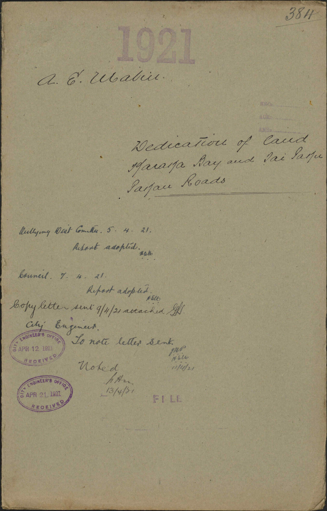 Dedication of land, Karaka Bay and Taipakupaku Road [Tai Paku Paku Road] - A E Mabin