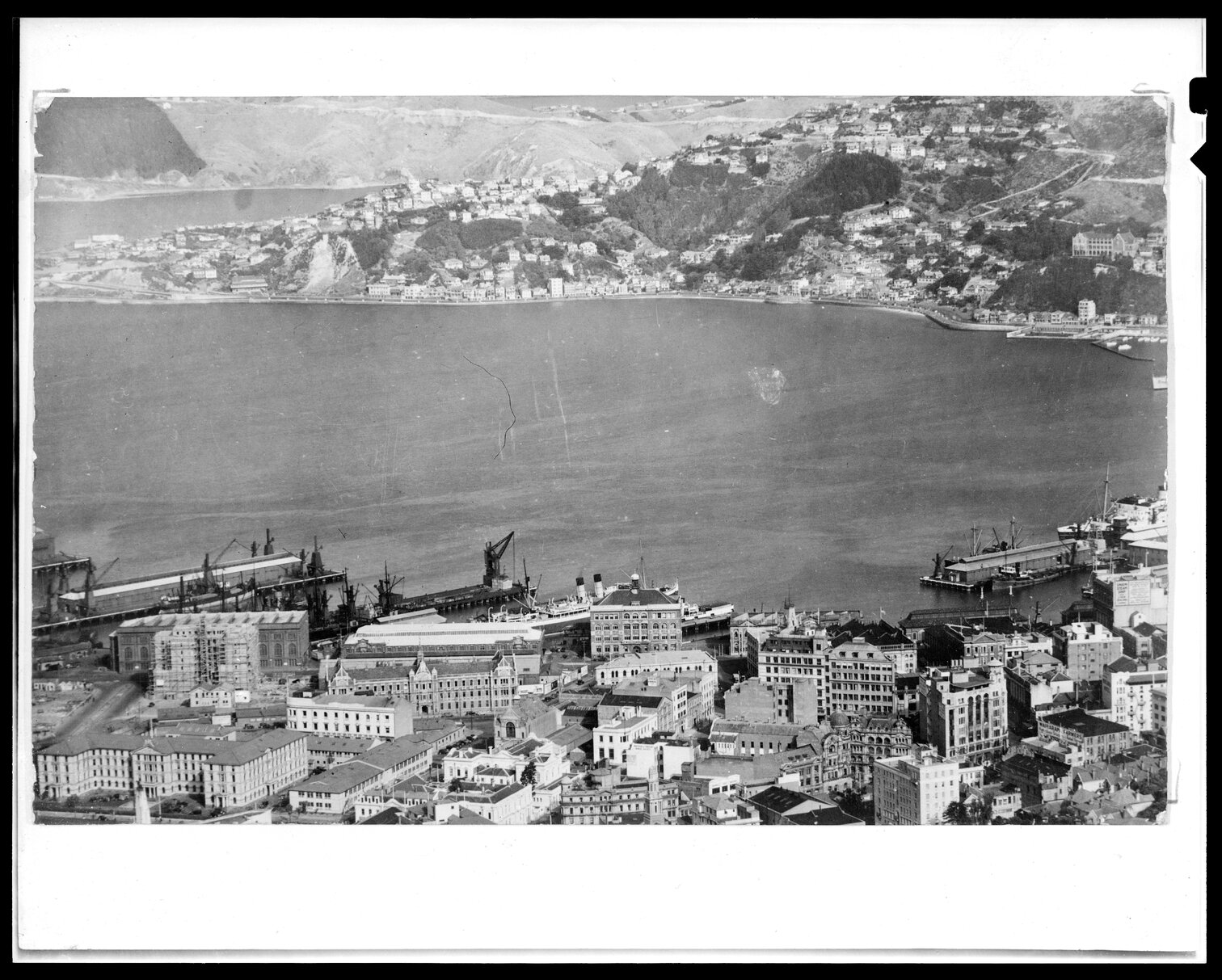 Elevated view of Waterloo Quay and Lambton business area, across to Mount Victoria