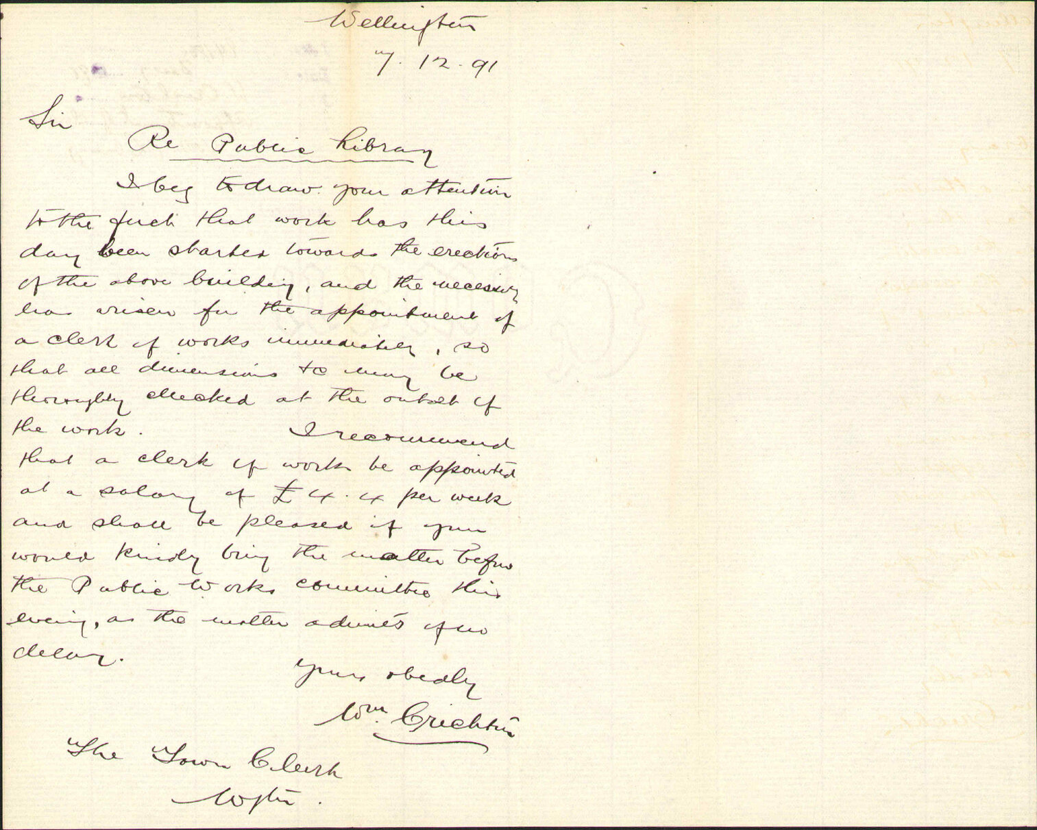 Appointment of clerk of works (library) - W Crichton