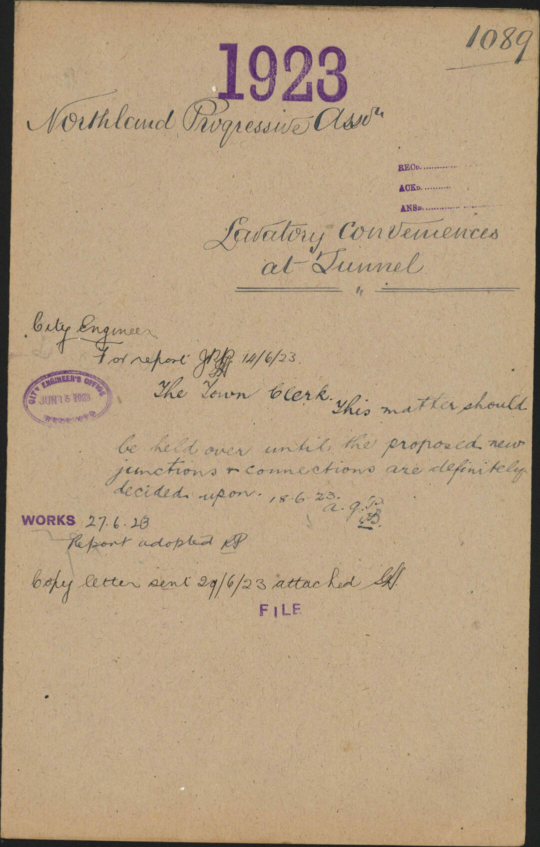 Lavatory conveniences at Karori Tunnel - Northland Progressive Association