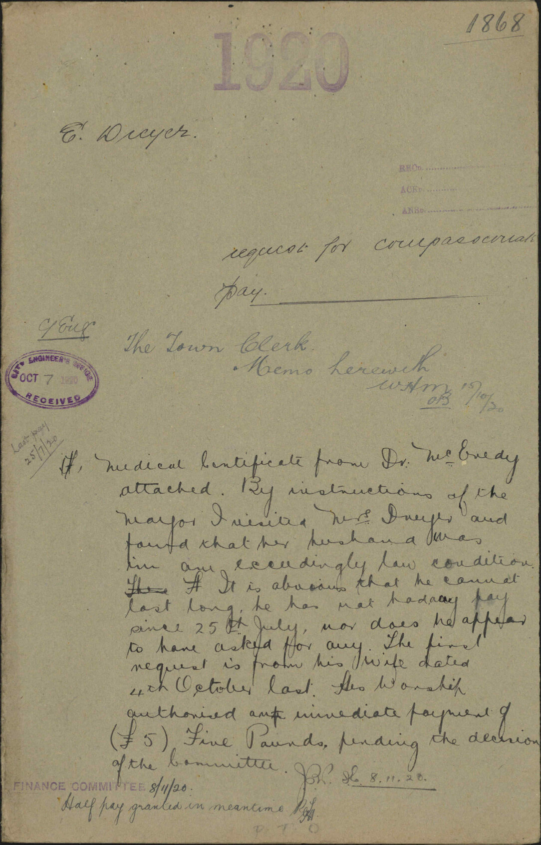 Request for compassionate pay - E Dreyer