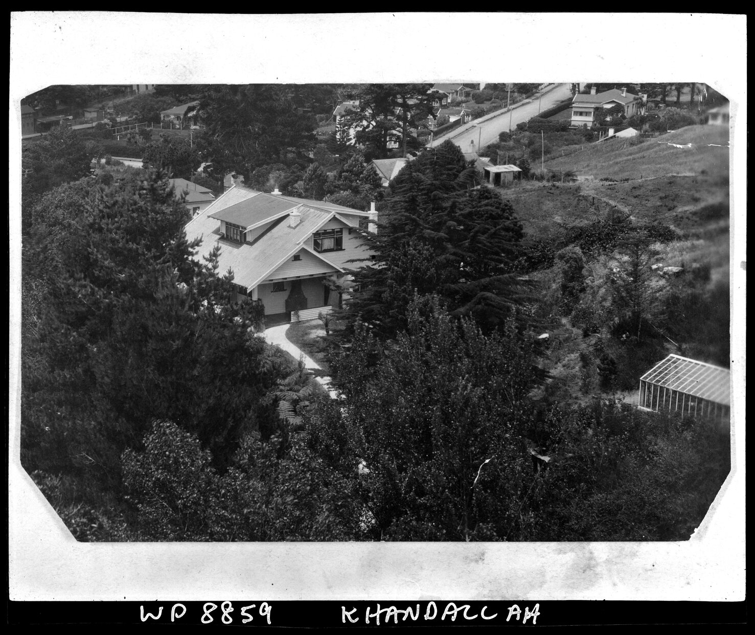 Elevated view of two storey wooden dwelling, Box Hill