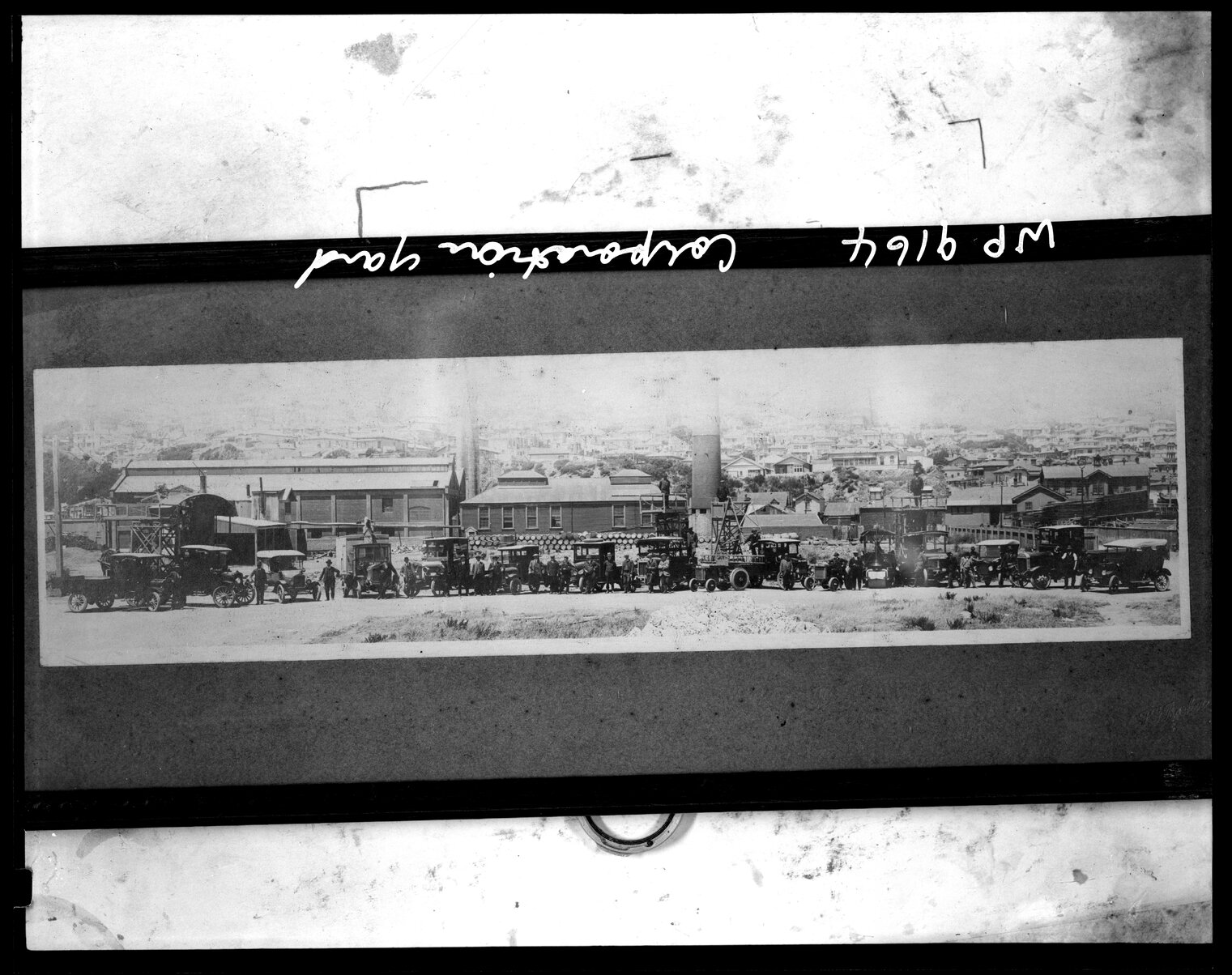 Panoramic photograph of staff and machinery at Corporation Yard, Clyde Quay